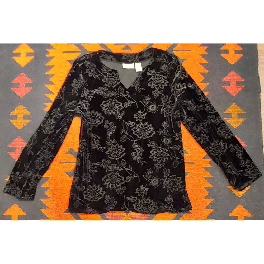 Jaclyn Smith Women's Black Stretch Velvet Floral Tunic Top. Sz XL